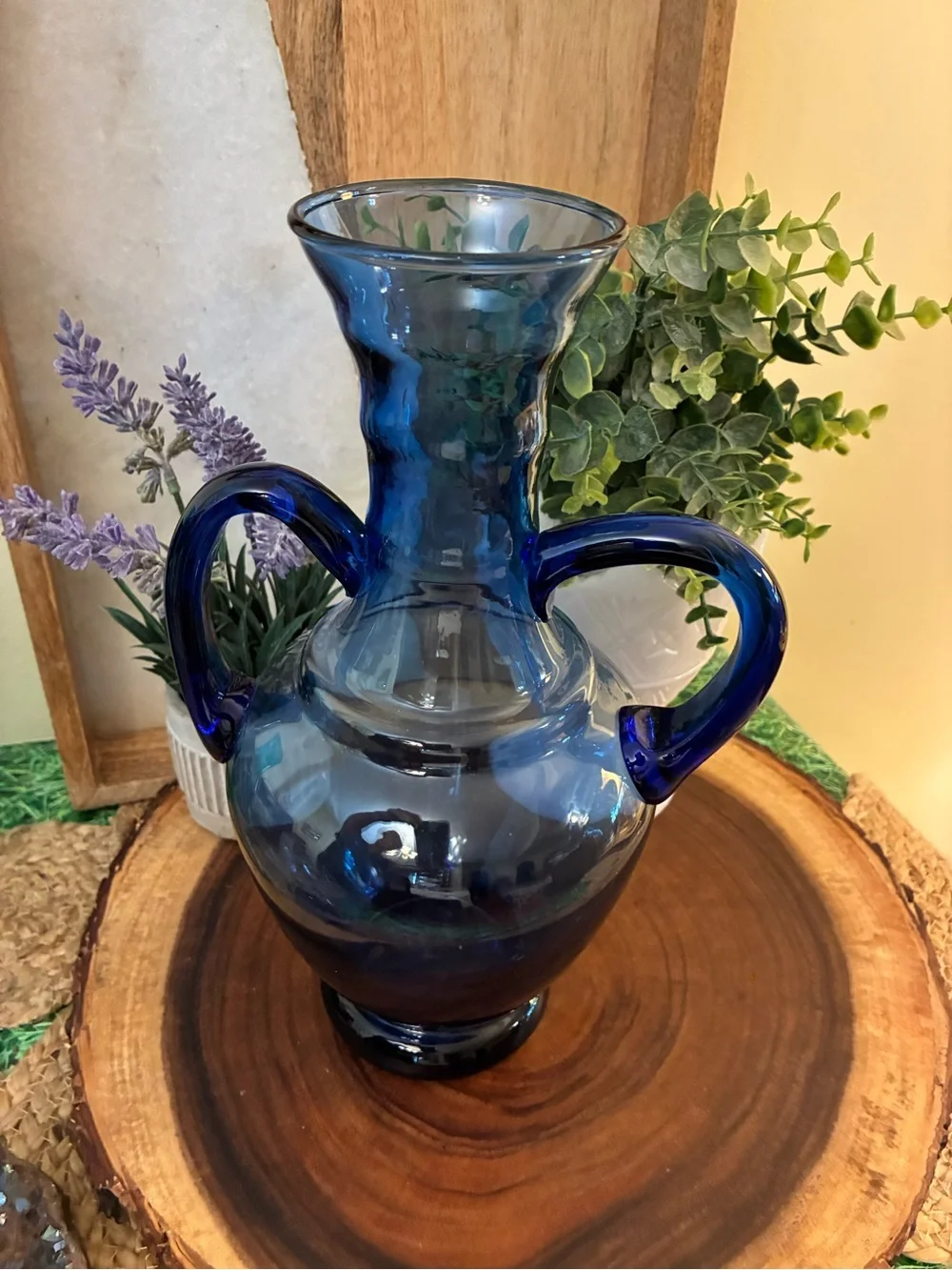 Vintage Cobalt Hand Crafted Double-Handled Blown Glass Vase